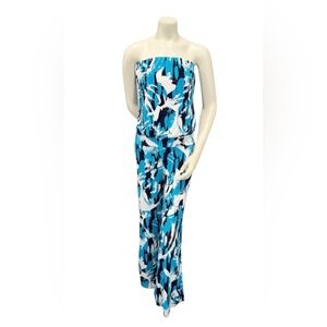 S-Twelve Strapless Wide Leg Jumpsuit Blue Abstract Print Made USA | M